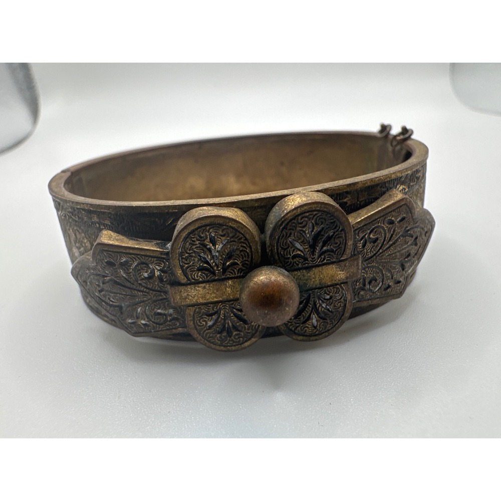 Antique Brass Floral Repousse Hinged Bangle Bracelet Victorian Revival Etched